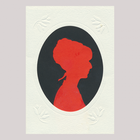 
        Front of silhouette, with woman in frame looking right.